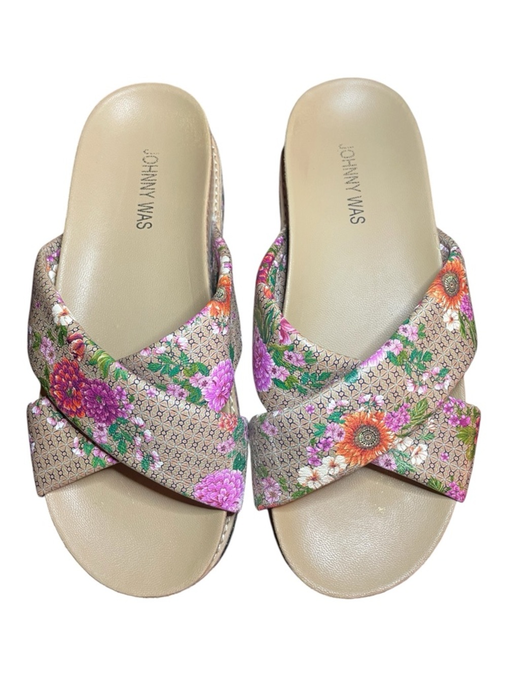 Johnny Was Beige Floral Crisscross Slide Sandals 7.5
